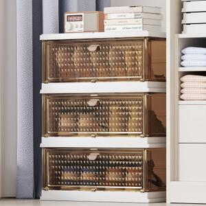 HAIXIN X-Large Shoe Storage Boxes Organizers, 3 Tier Foldable Shoe Rack & Holder Substitute, Diamond Plastic Sneaker Containers, Clothes Storage Organizer Bins for Entryway, Closet, Brown
