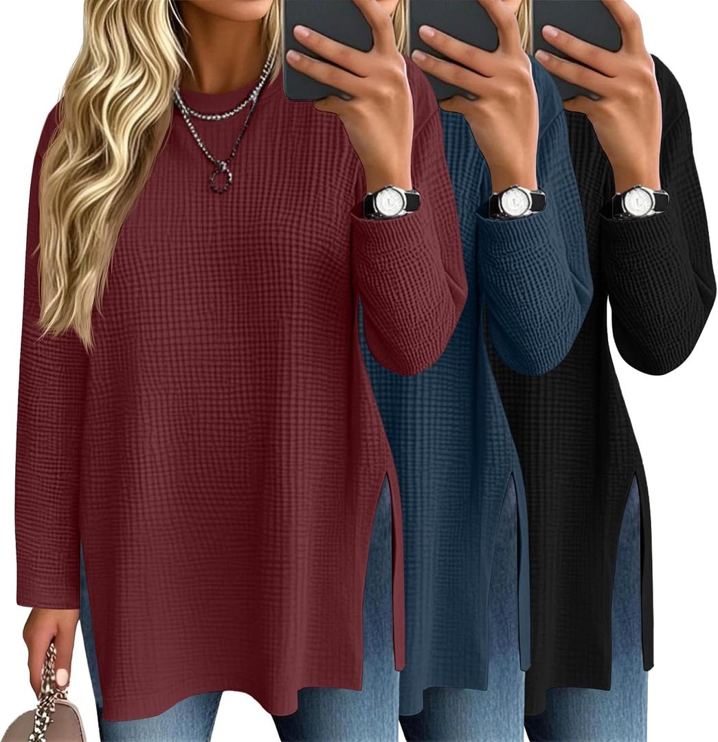 Baggyfly 3 Pack Women's Waffle Knit Long Sleeve Tops Oversized Crewneck Loose T Shirts Fall Winter Casual Basic Blouses (Medium, Black, Navy Blue, Burgundy)