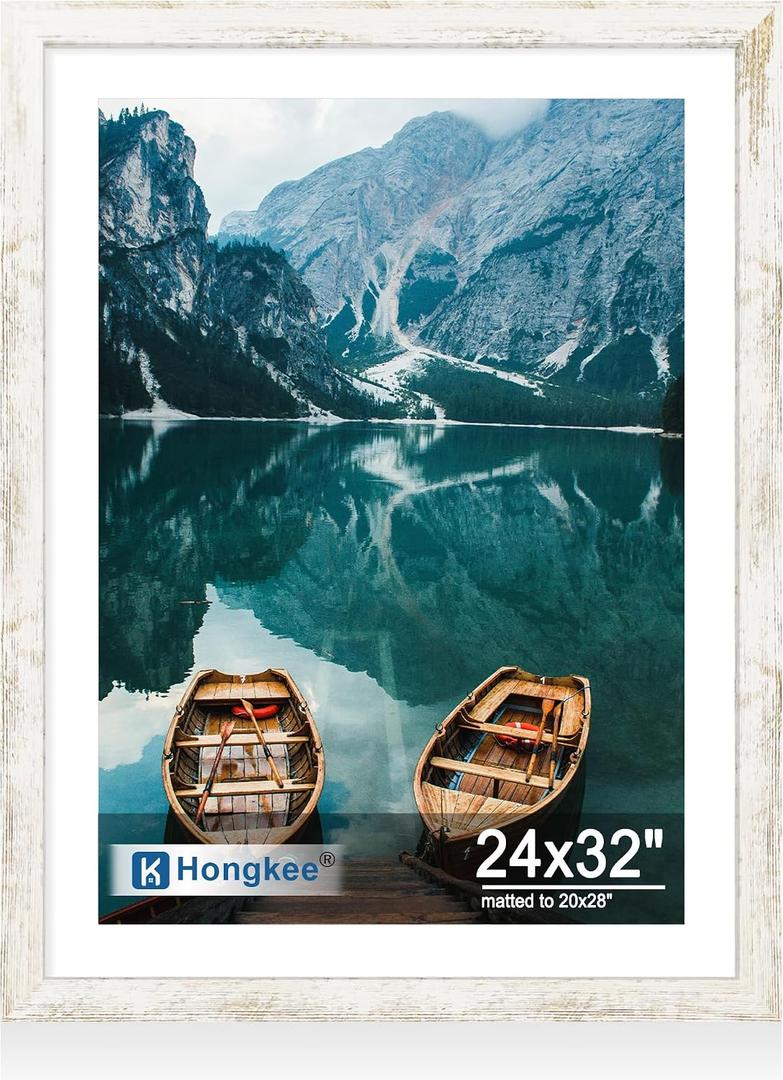 Hongkee 24x32 Poster Frame, Distressed White Wood Style, Wall Mounting