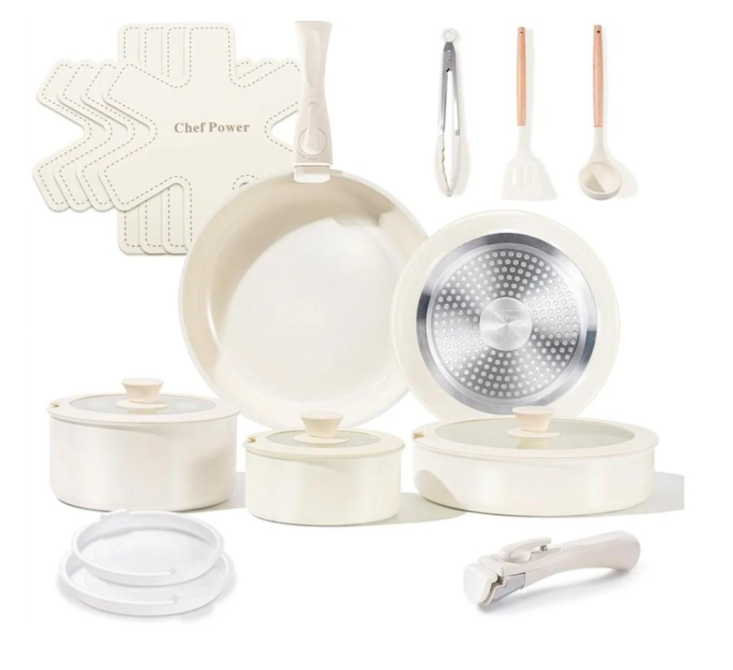 Chef Power Ceramic Cookware Set Non Toxic with Detachable Handles, Healthy Nonstick Pans and Pots Set 19 Pcs, Induction Dishwasher Oven Safe Kitchen Set, PFAS PFOA & PTFE Free, Cream White