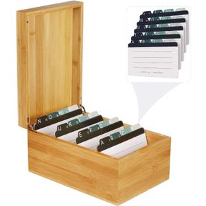 MaxGear Index Card Holder, 4 x 6Inch Wooden Business Card Organizer for Desk with 4 Dividers, Bamboo Index Cards Box with A-Z Tabs Holds 600 Cards for Recipe Flash Storage