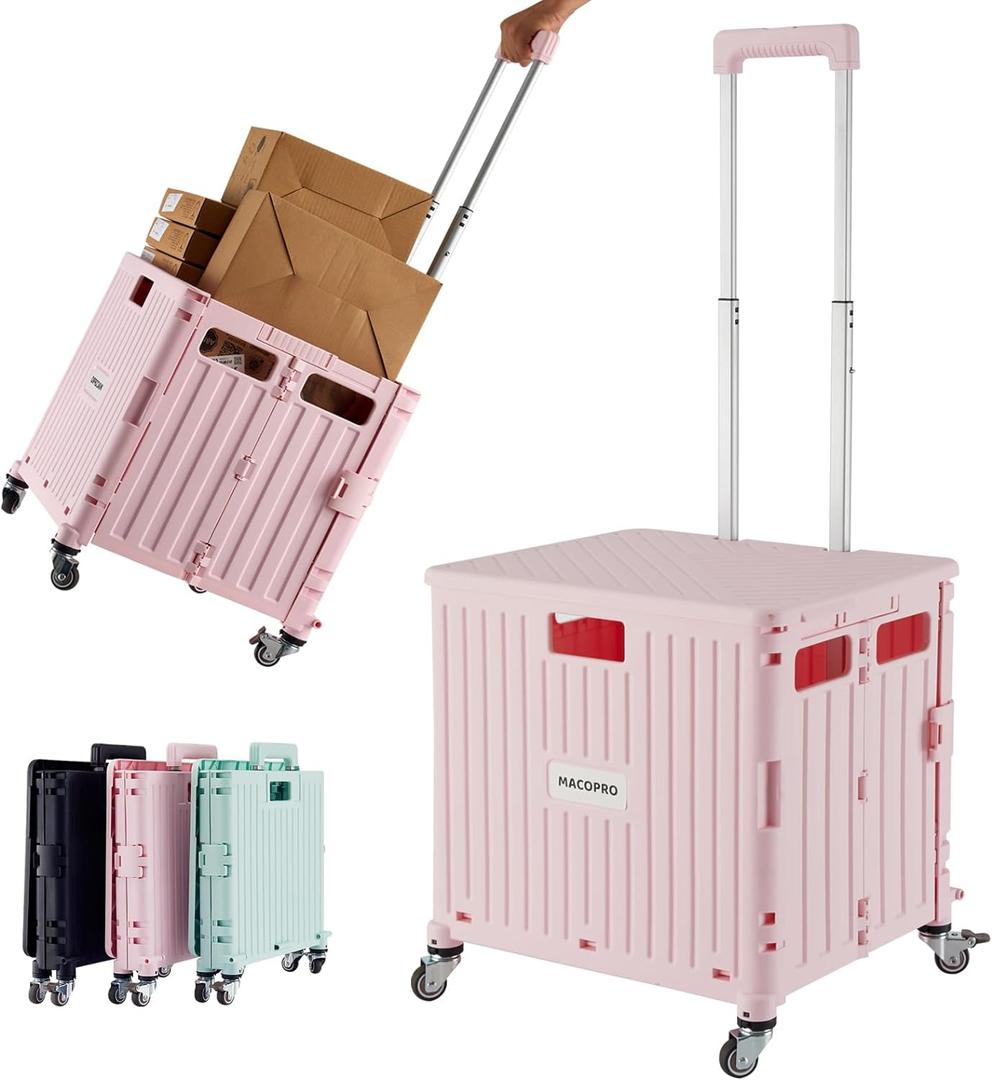 MACOPRO Folding Utility Cart Portable Rolling Crate Handcart Shopping Trolley Collapsible Tool Box, with Lid, Basket on 4 Rotate Wheels, for Grocery, Shopping, Office, Teacher (Pink)