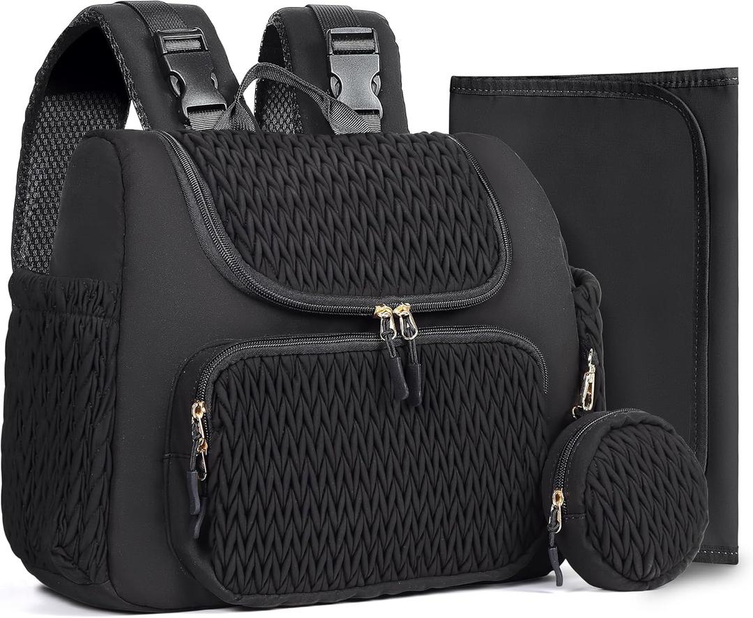 Geestock Diaper Bag Backpack, Multifunction Quilted Baby Diaper Bag with Changing Pad, Pacifier Case & Stroller Straps, Parents Essentials, Black