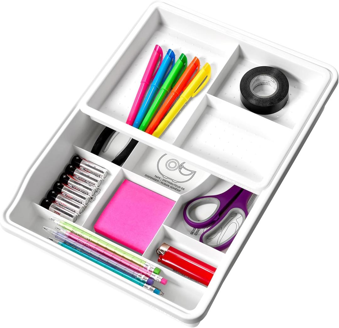 madesmart 24-Compartment Junk Drawer Organizer with Sliding Top Tray, Multi-Purpose Storage for Kitchen, Office & Bathroom Drawers, White