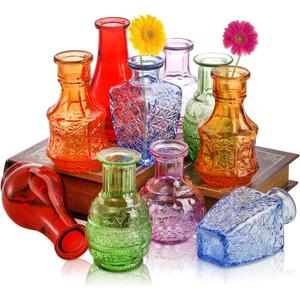 DEAYOU 5 Pack Glass Bud Vases for Decor, Small Vintage Flower Vases for Centerpieces, Crystal Colored Glass Single Bud Vase, Mini Rustic Vase Antique Tiny Floral Bottle for Table, Plants, Home