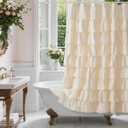 Beige Ruffle Shower Curtain - Farmhouse Ruffled Design, Cream Boho Bathroom Curtain with Elegant Layered Ruffles, Rustic Shabby Chic Style, 72x72 Fabric Decorative Drapes