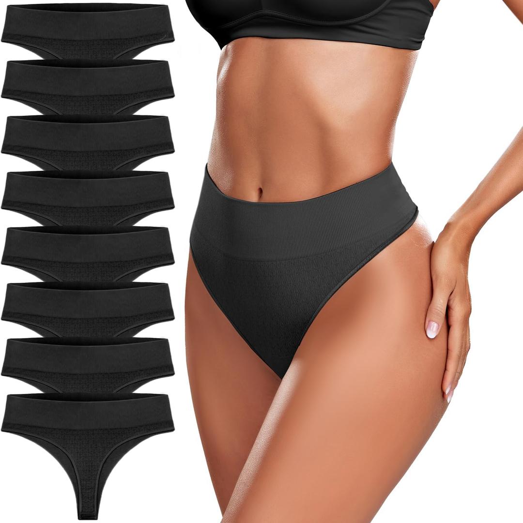 SAYCELI High Waisted Thongs for Women - 8 Pack Seamless Wide Band Panties Ladies Cheeky Soft Stretchy Underwear High Rise (Black, XL)