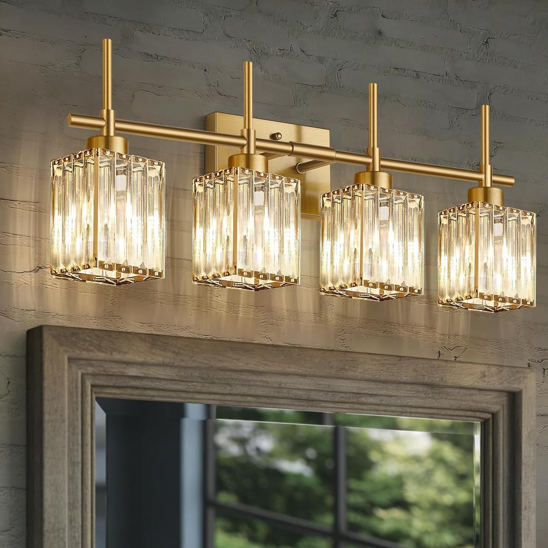 Torondo Modern Crystal Bathroom Vanity Light 4-Lights Brushed Gold Bathroom Light Fixtures Over Mirror Brushed Gold Vanity Lighting Fixtures Square Shade Brass Wall Sconce (Bulbs Not Include)