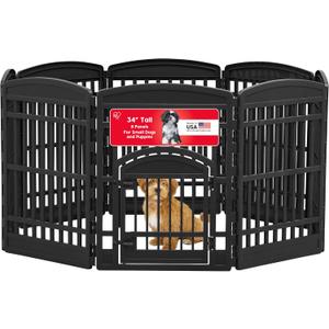 IRIS USA Dog Playpen with Door, 34 8 Panel Pet Exercise Pen Indoor Outdoor Puppy Play Pen, Portable Plastic Pet Fence for Small Medium Dogs, Foldable 63 x 63 x 34, Black