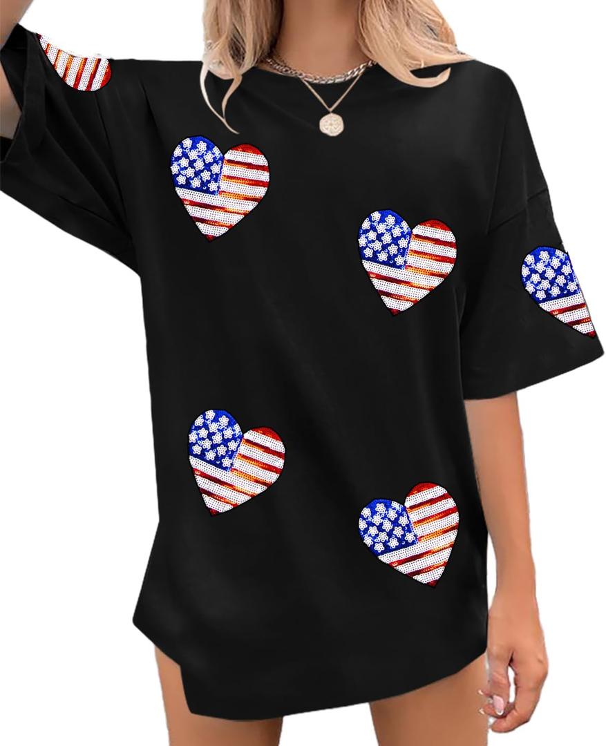 UNIQUEONE Sequin American Flag T Shirt Patriotic Shirts Women Oversize Veteran Shirt Short Sleeve Stars Stripes Top, S