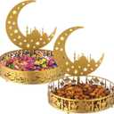 2 Pcs Ramadan Eid Plate Tray Mubarak Moon Dinner Tray Ramadan Serving plate Round Metal Muslim Dessert Trays Food Storage Display Holder for Eid Party Table Centerpiece