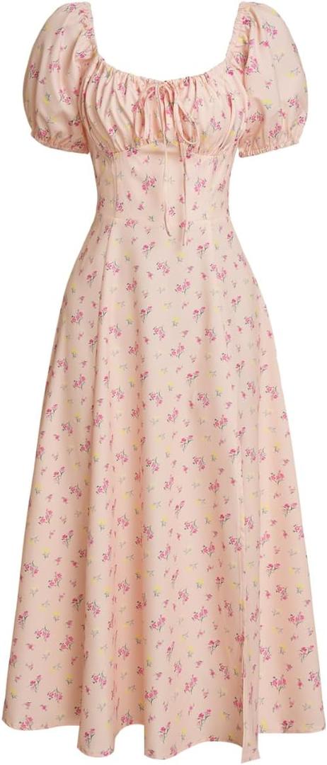 RIHOAS Womens Summer Dresses Square Neck Vintage Short Sleeve Midi Dress Casual Puff A Line Chiffon Sundress (Pink, M)