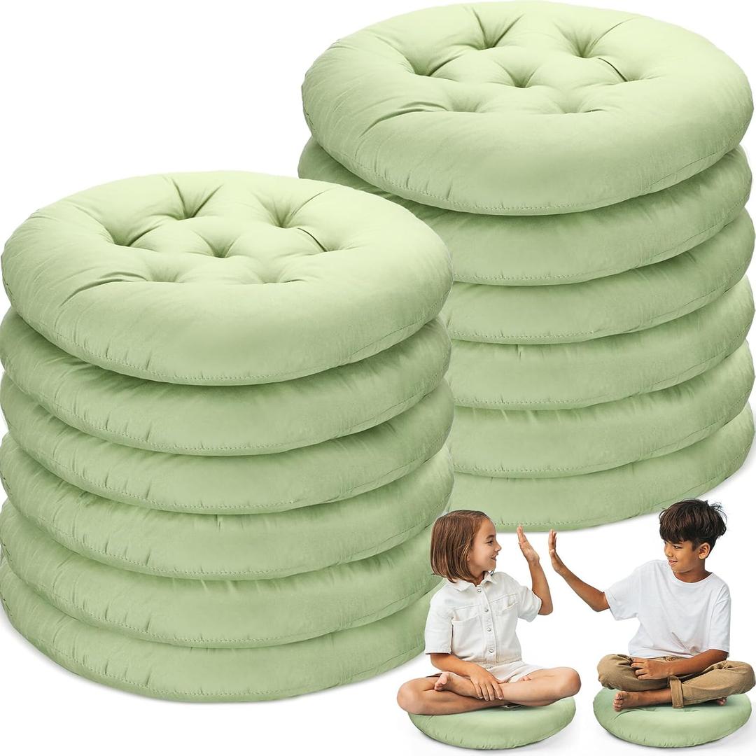 Fumete 12 Pcs Floor Pillows Cushions Seating 16 x 16 Inches Color Round Seat Reading Floor Chair Cushions for Kids Adults Classroom Home School Playing Supplies(Green)