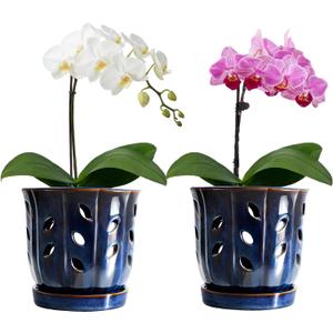 FoldTier 2 Pack 6.5 Inches Round Ceramic Orchid Pot with Holes and Saucers, Small Succulent Pot, Orchid Planter for Repotting, Healthy Root Growth, Promote Air Circulation, Plant Indoor and Outdoor