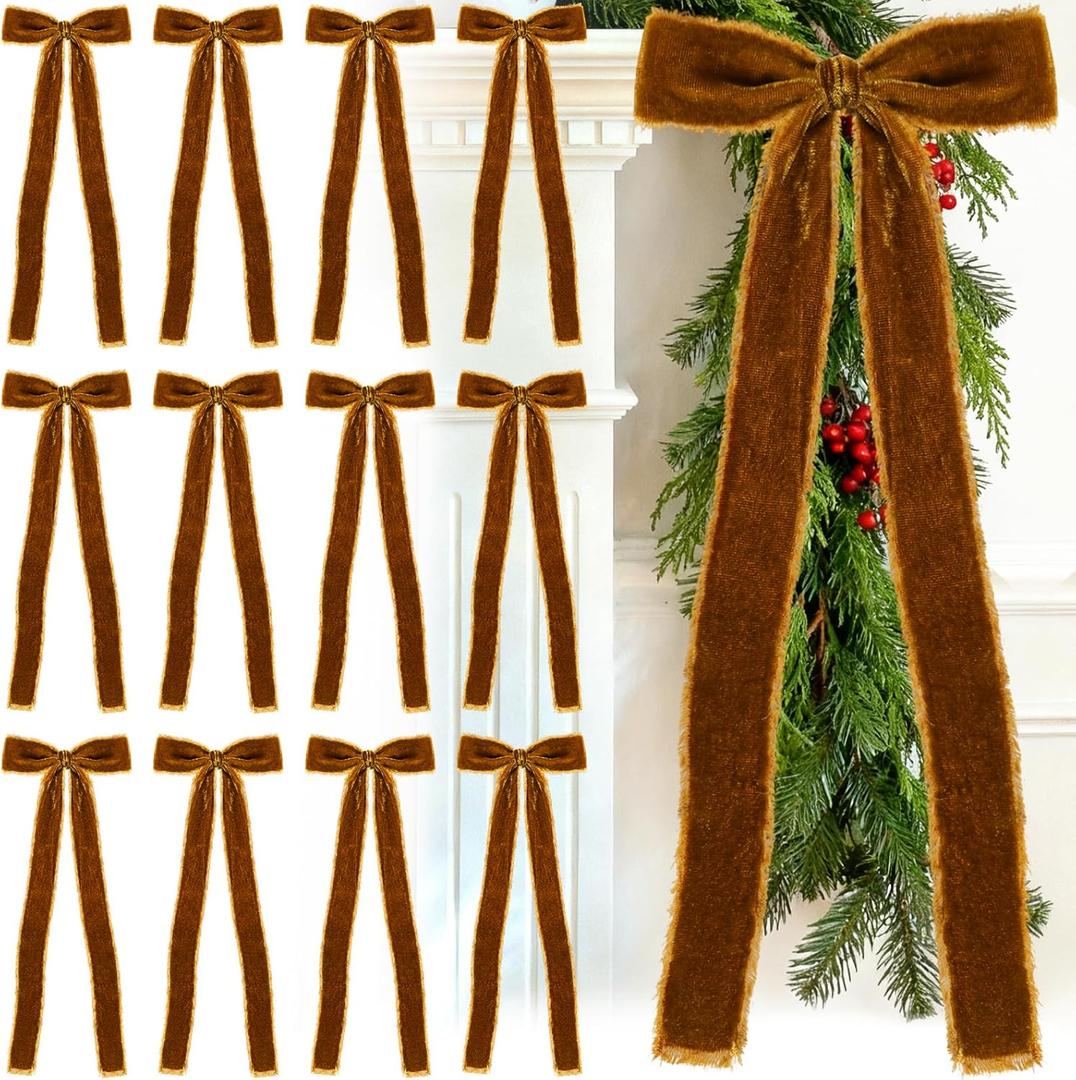 Glitinsel 20 Pcs Bronze Large Velvet Christmas Bows 4.7" x 11" Big Pre Tied Handmade Fringe Velvet Ribbon Bows 1" Wide Rustic Crafts Gift-Bows with Twist Tie for Gift Wrapping Christmas Decor