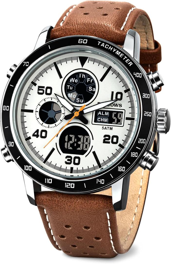 PINDOWS Watch for Men, Waterproof Big Dial Analog Digital Sport Multifunction LED Backlight Fashion Wristwatches, Alarm Stopwatch Calendar, Brown White