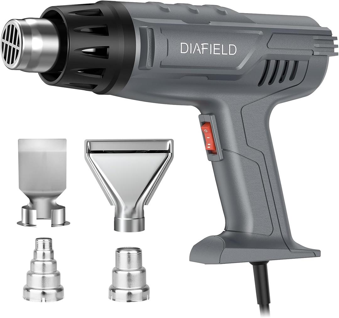 DIAFIELD 1850W Heat Gun, Dual Temperature Settings, AUTOXEL Fast Heat Hot Air Gun, Durable& Overload Protection, with 4 Nozzles for Shrink Wrap, Vinyl, Crafts, Epoxy Resin (Normal Size)