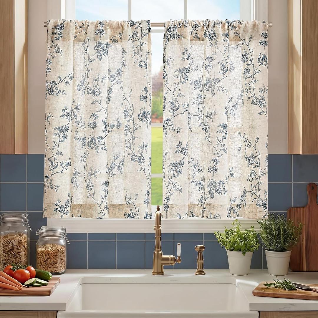 jinchan Floral Kitchen Curtains 36 Inch Linen Tier Curtains Farmhouse Cafe Half Window Drapes Over Sink Light Filtering for Living Room Laundry RV Rod Pocket 2 Panels Blue on Beige