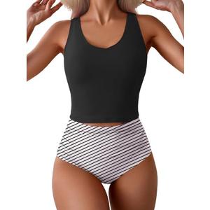 Eomenie Two Piece Tankini Swimsuits for Women Tummy Control Bathing Suits Cutout Back Swim Tank Top with High Waisted Bottom (XX-Large, Black Stripes)