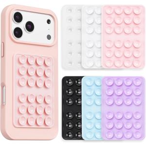 6 Pack Silicone Suction Phone Grip Mount, Hands-Free Sticky Phone Holder with 24 Suction Cups, Strong Grip for Selfies & Videos, Adheres to Mirrors, Tiles & Smooth Surfaces (Light Pink&Clear&White&Black&Blue&Lavender)