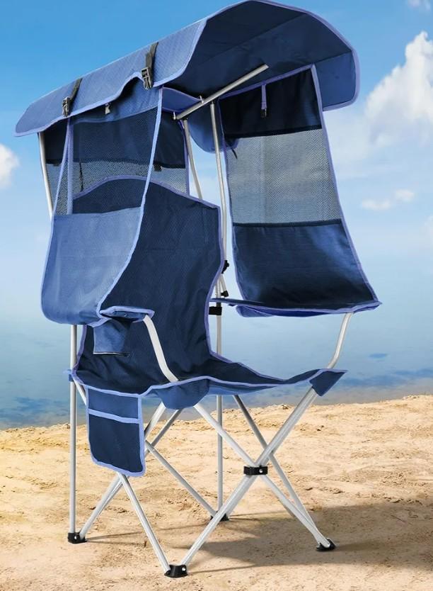 Beach Chair with Canopy Shade, Folding Camping Chair with Canopy with Cup Holder, Side Pocket for Camp, Beach, Tailgates, Fishing - Support 330 LBS