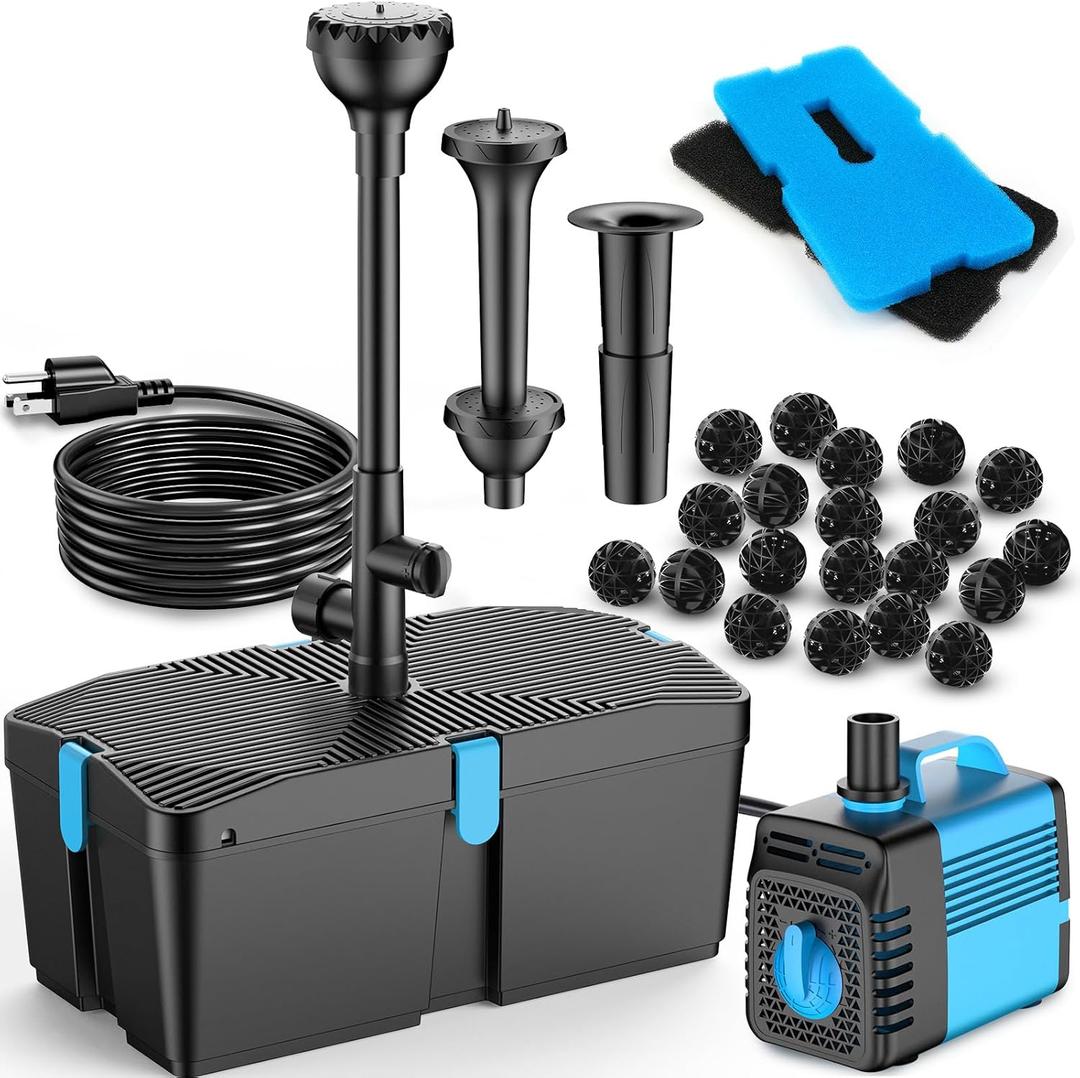 Pond Filters for Outdoor Ponds, 820 GPH Pond Filter with Fountain Pump Kits, 60W Pond Pump and Filter Kit for Koi Pond Clean, Garden Fountains, Waterfall