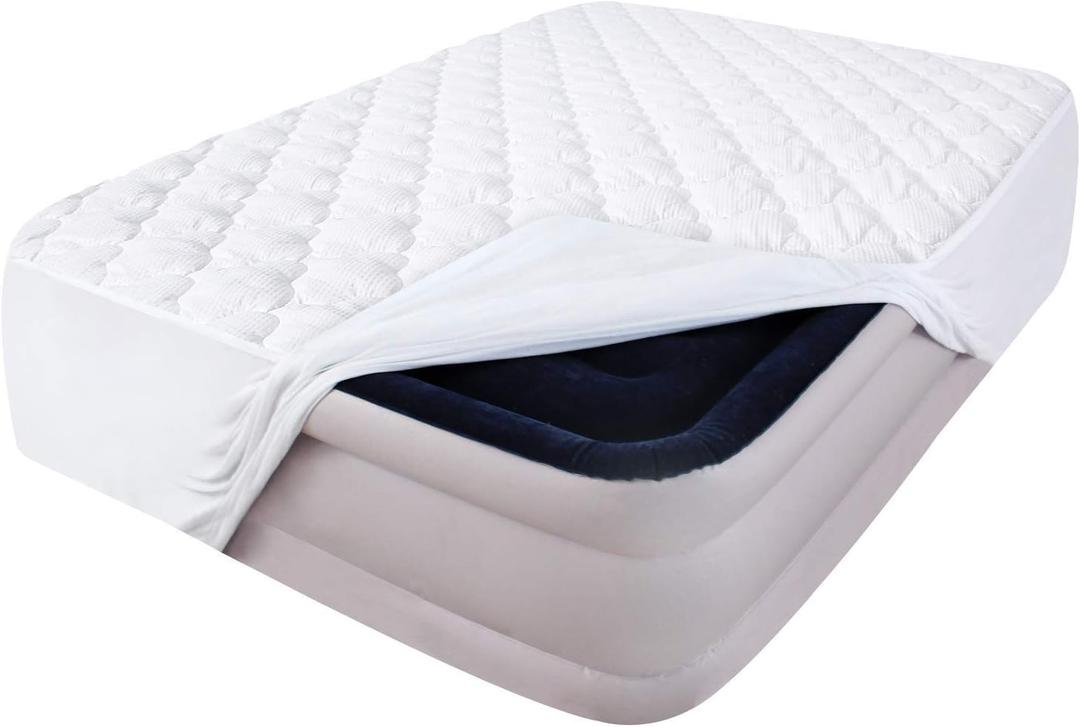 Queen Air Mattress Pad Cover Thick Quilted Inflatable Matresss Topper, Super Soft Breathable and Noiseless Down Alternative Fiber Mattress Pad Fits Up to 16 Inch Mattress
