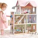 Giant bean Large Pink Wooden Dollhouse with Furniture for Girls with Doorbell, Light,Elevator, 6 Rooms 2.6ft High,15 Pcs Furniture & 3 Dolls, Kids Playhouse Toy for Girls 3-7+, 31.5" x 25" x 12.2"
