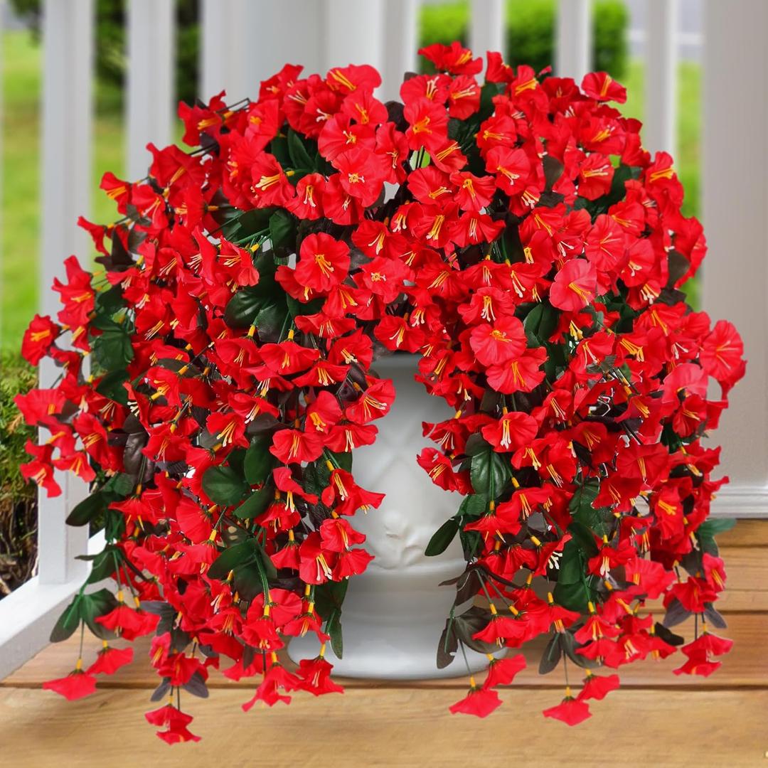 Sggvecsy Artificial Fake Hanging Flowers Plants for Outdoor Outside Spring Summer Decoration 2PCS Faux Silk UV Resistant Realistic Morning Glory Trailing Vines for Home Porch Patio Balcony(Red)