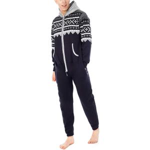 Juicy Trendz Adult Hooded Fleece Onesie Pajamas, Non-Footed One Piece Zip-Up Aztec Printed Jumpsuit Sleepwear for Men & Women (Medium, A2-navy)