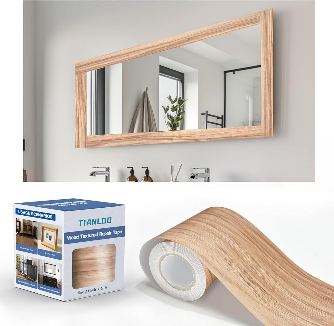 TIANLDD 27 FT Wood Grain Wallpaper Border, Removable Waterproof Mirror Border Peel and Stick,Bathroom Mirror Frame Border.(Pale Oak) (3.15 Inch x 27 Ft)