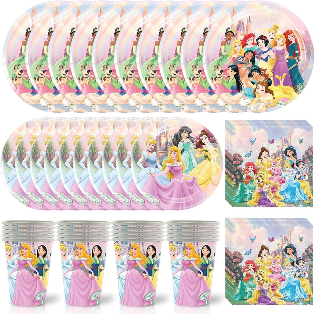 60 PCS Princess Birthday Party Supplies, Princess Tableware Set Includes 20 PCS Plates, 20 PCS Napkins, 20 Paper Cups for Party Decorations