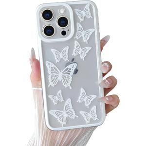 Yeddabox Compatible for iPhone 13 Pro Max Case Butterfly Cute Phone Case Transparent Full Camera Protection Soft TPU Shockproof Cover for Women Girls - White