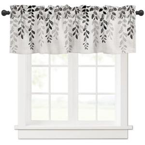 Anzona Curtain Valance 42" x 12", Grey Ombre Botanical Window Valances Rod Pocket Curtains Drapes, Watercolor Gray Pastoral Leaf Rustic Short Topper Curtain for Kitchen Cafe Living Room, 1 Panel