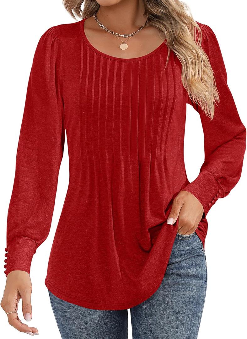 Ficerd Women's Puff Long Sleeve Tunic Tops Pleated Crew Neck Blouses Dressy Casual Loose Fit Fall and Winter Shirts (M)