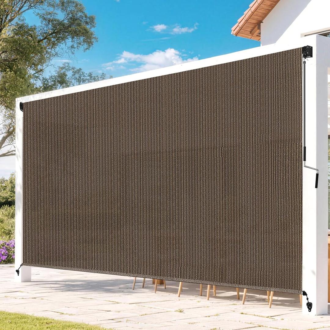 Outdoor Roller Shades for Patio, Mocha 12' W x 8' H Cordless Patio Shades Roll Up Outdoor Blinds with Splicing Design, 90% UV Protection for Porch Gazebo Pergola, 144"W x 96"H