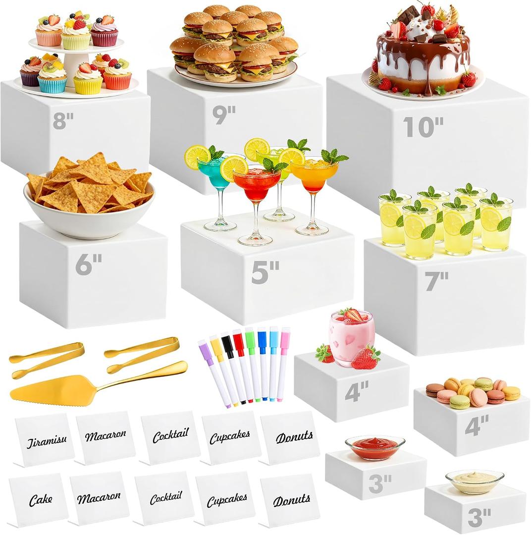10 Pcs Buffet Risers with Mini Sign and Maker Serving Tongs Cake Cutter, White Acrylic Food Display Stands for Buffet Table Party Catering Dessert Nesting Cube Boxes with Hollow Bottoms (10",9",8",7",6",5",5",4",4",3")