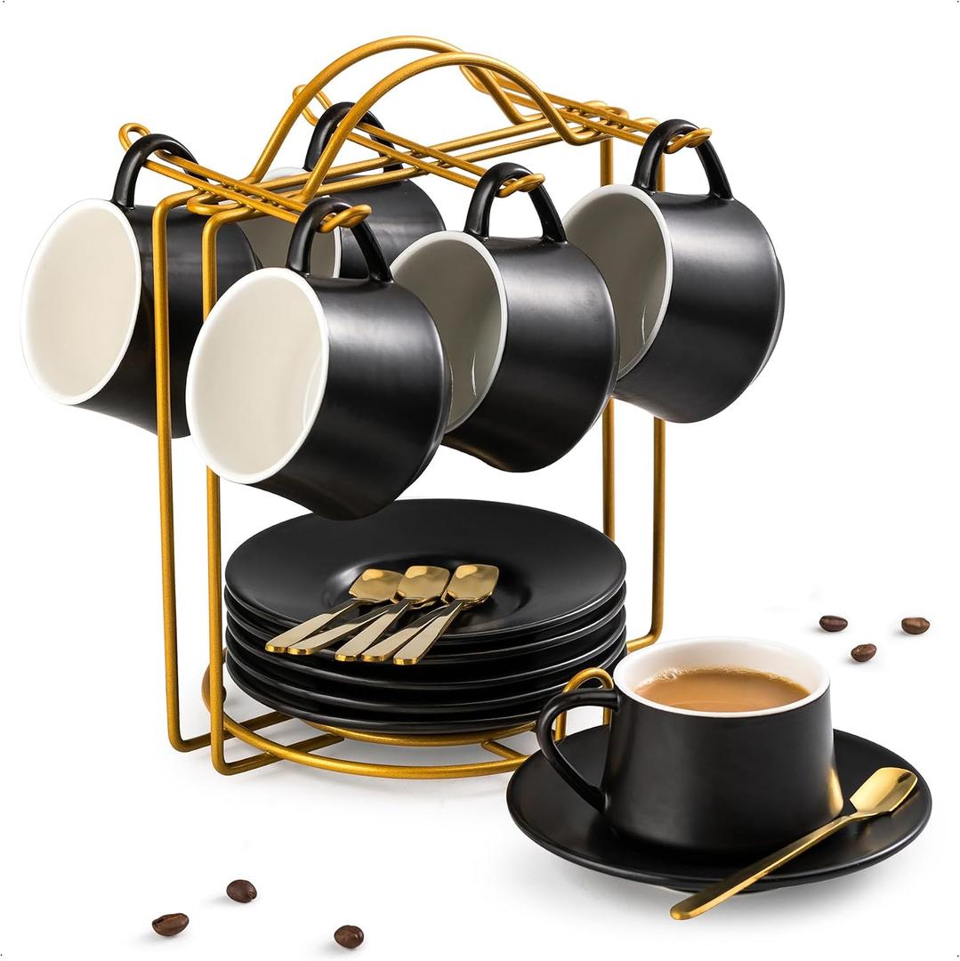 YHOSSEUN Ceramic Espresso Cups Set of 6, 4 OZ Expresso Shots Cup with Stand, Saucers & Spoons, Small Coffee Cup Demitasse Cups for Mother's Day, Espresso Accessories for Machine, Black