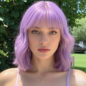 Light Purple Wavy Wigs With Bangs Short Bob Wavy Wigs for Women Curly Synthetic Cosplay Wig for Girls Daily Use Colorful Wig(14 Inch)(Light Purple)