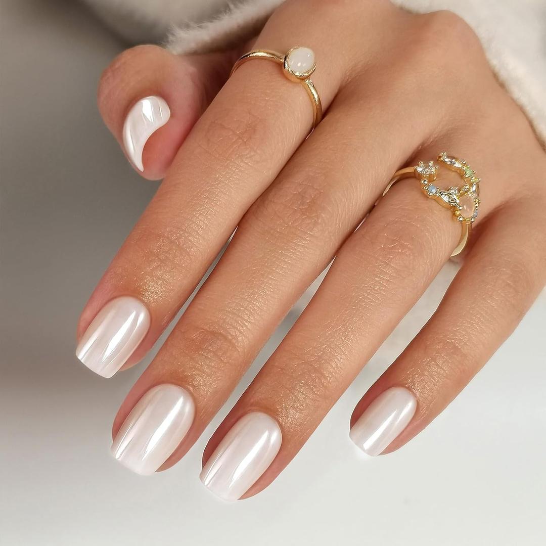 White Chrome Press on Nails Short - Soft Gel Halloween Press on Nails Square for Women Gift, Fit Perfectly & Glossy Glue on Nails in 16 Sizes - 32 Reusable Fake Nails with Glue, Pearl White White Chrome Press on Nails Short - Soft Gel Halloween Press on Nails Square for Women Gift, Fit Perfectly & Glossy Glue on Nails in 16 Sizes - 32 Reusable Fake Nails with Glue, Pearl White