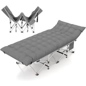 Folding Camping Cot for Adults, Heavy Duty Sleeping Cots with Carry Bag, Double Layer Oxford Portable Travel Camp Cots for Outdoor Camp Beach Home Office (Silver Frame with Gray Pad, 1PACK)