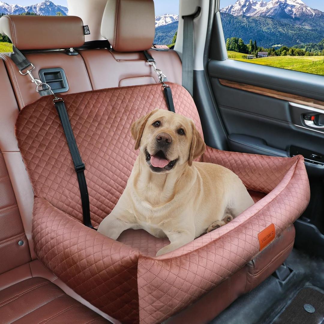 Dog Carseat Bed for Large/Medium Dogs or 2 Small Dogs, Pet Booster Seat for Dog/Cat Travel Safety,Soft Fabric and Non-Slip Base,Pet Car Seat Sofa can be Disassembled and Easy to Clean(Brown)