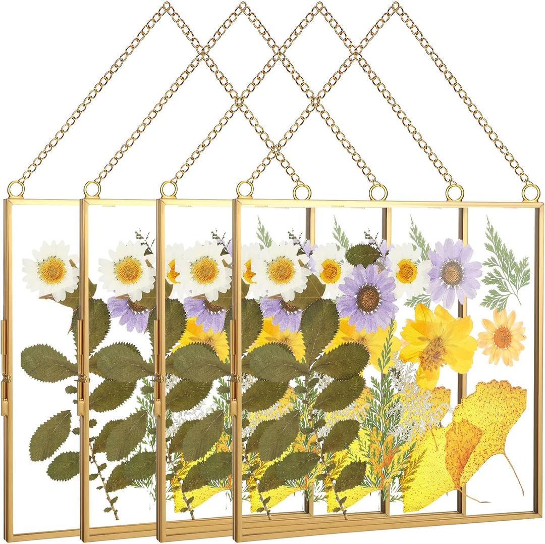 4 Pcs Glass Frame for Pressed Flower 8x8 Inch Clear Wall Hanging Photo Frame Glass Picture Double Square Metal Floating DIY Vintage Artwork Display with Chain for Poster, Gold