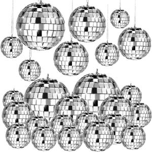 MTLEE 20 Pcs Disco Balls Decoration Mirror Disco Ball Assorted Silver Mini Glass Different Sizes Reflective with Rope for 70s Wedding Dance Music(2.4, 2, 1.6, 1.2 Inch)