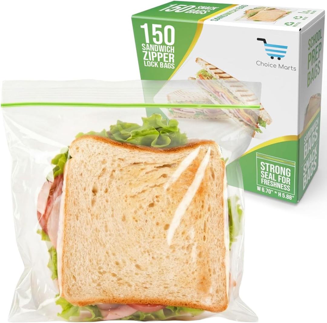 Sandwich Bags 150 Count Resealable, Super Strong Zipper 5.9" x 6.7" Size Perfect For School, Work and Lunch Prep Reusable Sandwich Bags