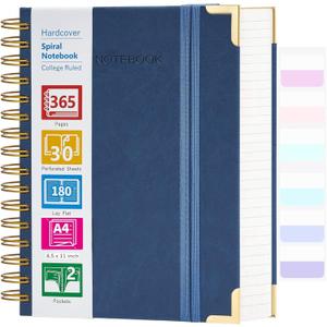 Spiral Notebook, 365 Page Hardcover College Ruled Notebook, 8.5" x 11", Large Leather Notebook Journal for Men Women, A4 Notebooks for Work School Notes, Journals for Writing, 24pcs Index Tabs, Blue