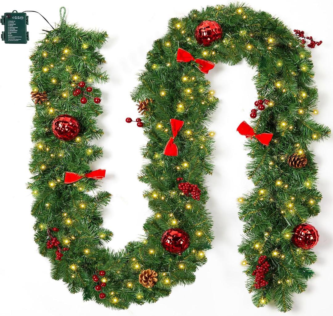 Brightown 9FT Christmas Garland with Lights, Battery Operated Prelit Garland with Pinecones, Berries, Bows, Ornaments, 100 LED White Lights, 8 Modes, Timer, for Mantle, Stairs, Fireplace, Door, Fence