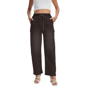 YOCUR Women's Wide Leg Drawstring High Waisted Jeans Elastic Waist Stretchy Straight Leg Baggy Denim Pants with Pockets (Large, Dark Brown)