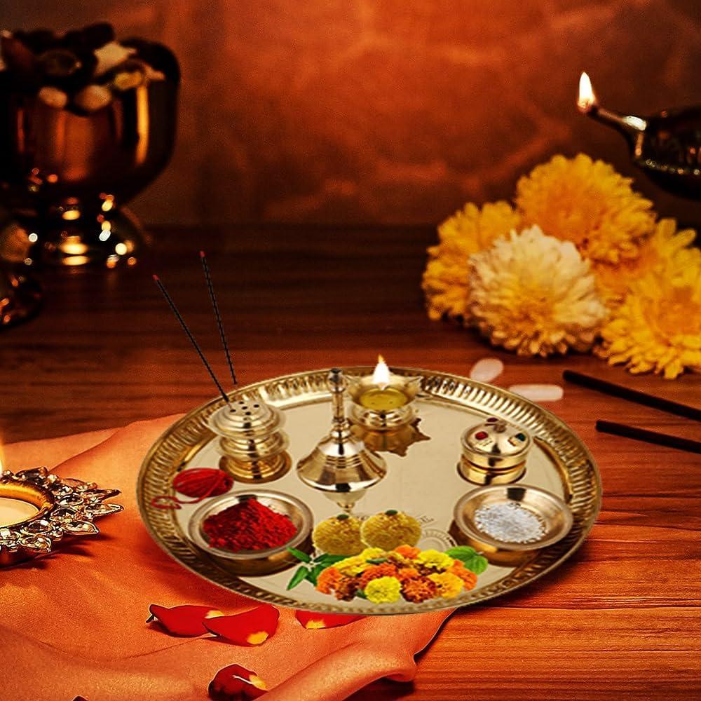 Hashcart Brass Puja Thali Set (8.75 inch) Pooja Thali Aarti Thali with Diya, Agarbatti Holder and Other Accessories, Religious Spiritual for Home Mandir Temple Diwali Gift