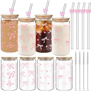 4 Set 16 oz Coquette Aesthetic Bows Cherry Glass Cups with Lids and Bow Straws Cleaning Brushes Coffee Cup Iced Smoothie Reusable Mug for Women Sister Gift Not Dishwasher Safe, (Pink,Bow)
